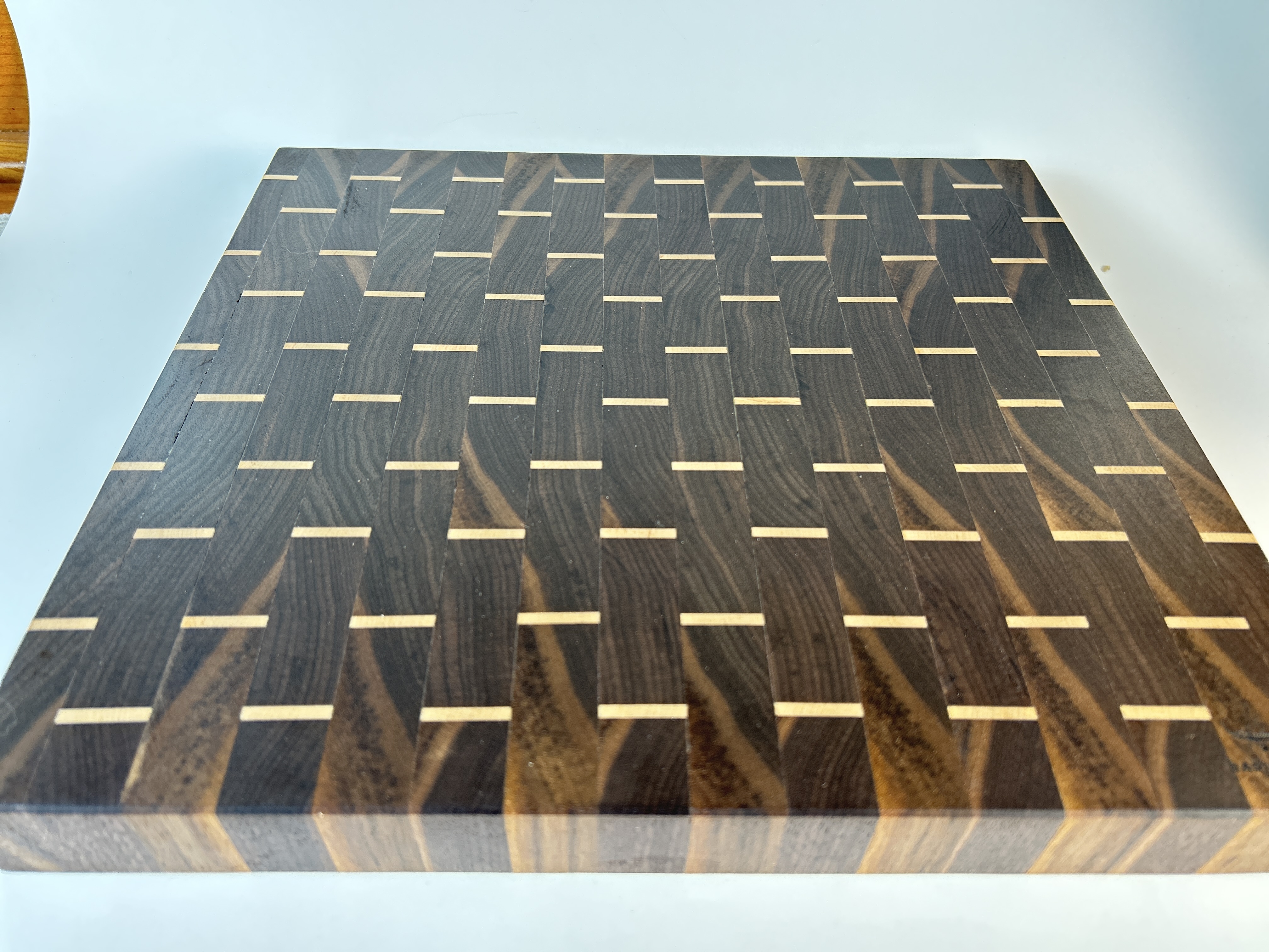 Walnut & Maple Dashes End Grain Board in the workshop
